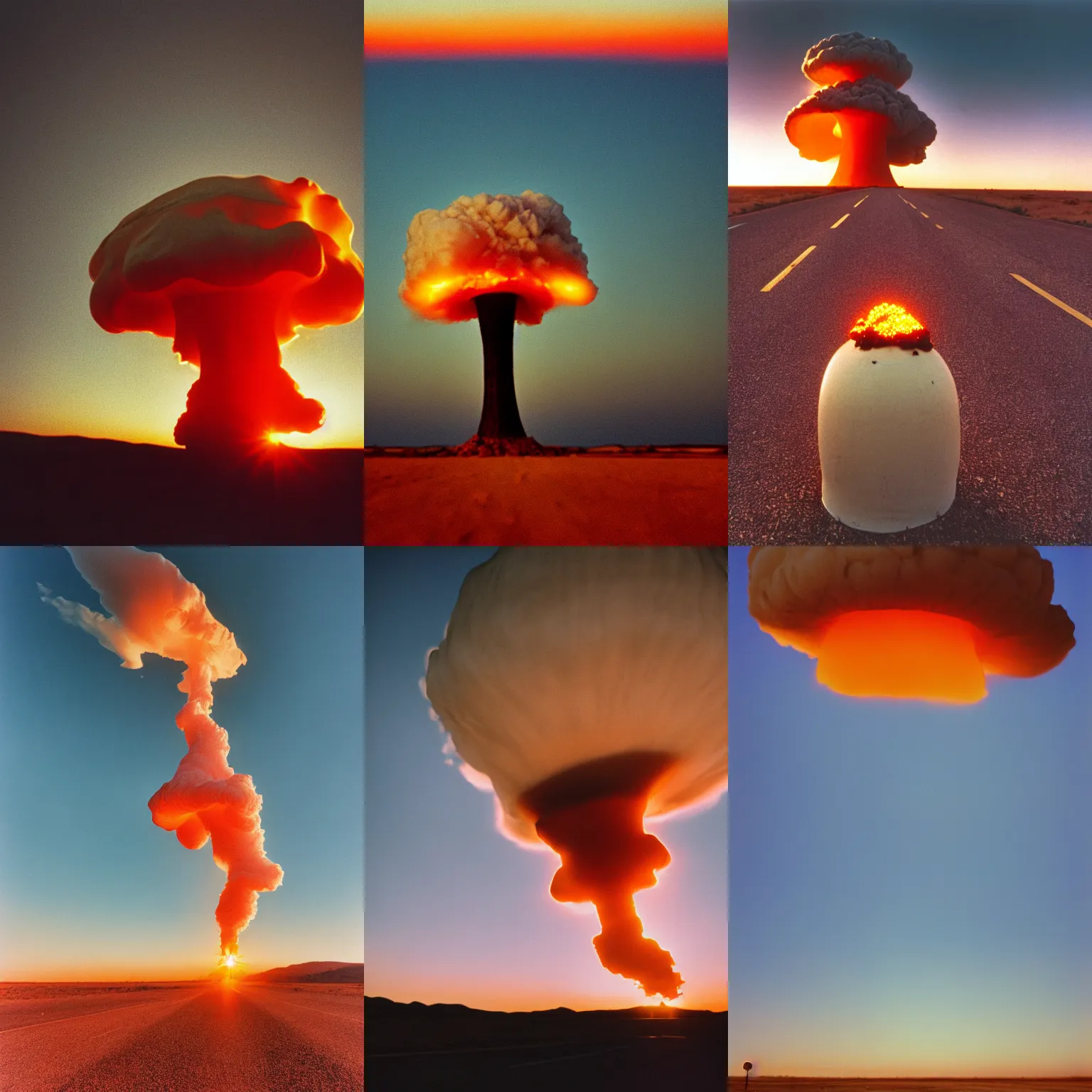 Prompt: film photo of a nuclear explosion mushroom cloud at the end of highway in the middle of the desert, at sunset, golden hour, Portra 400, grain, 4k, HD, high quality