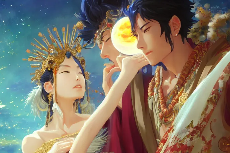 Image similar to close up moment of a divine a japan sun god and a moon goddess lovers magician at a wedding banquet, highly detailed, d & d, fantasy, 4 k realistic, digital painting, trending on artstation, concept art, sharp focus, illustration, art by makoto shinkai and akihiko yoshida and daniel gerhartz