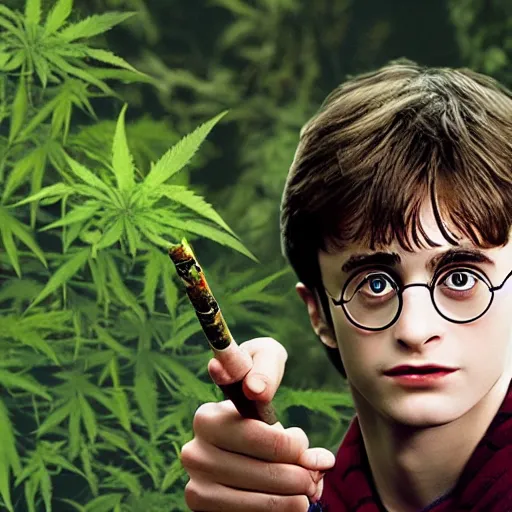 Image similar to harry potter in a jungle of weed plants, smoke everywhere, holding a wand that is a cigarette and a joint smoking out of it smoke, red eyes, bloodshot eyes, smoking weed