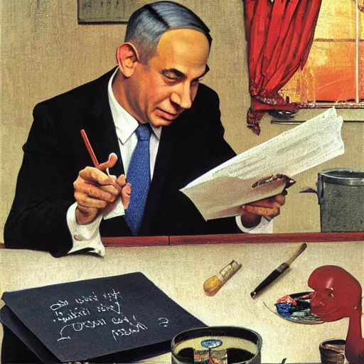 Image similar to painting of benjamin netanyahu sitting in a dark room answering fan mail, stressed expression, by norman rockwell