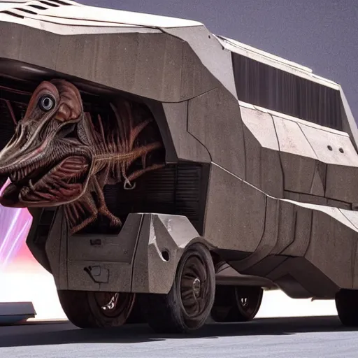 Image similar to velociraptor truck in star wars, futuristic dramatic lighting, intricate photorealism detail, cinematic composition, many exotic alien features, weta pixar, global illumation raytraced pbr