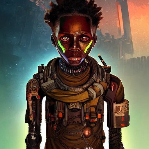 Image similar to a dark and ominous cyborg african child soldier with glowing eyes and tribal facial scarification, neon graffiti, Apex Legends character digital illustration portrait design, by android jones and greg rutkowski in a cyberpunk voodoo style, retrowave color scheme, detailed, cinematic lighting, wide angle action dynamic portrait