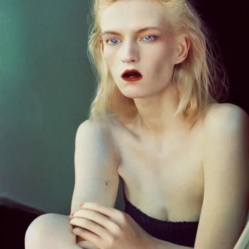 Image similar to realistic photoshoot for a new balenciaga lookbook, color film photography, portrait of a beautiful blonde woman, in style of nan goldin, 35mm