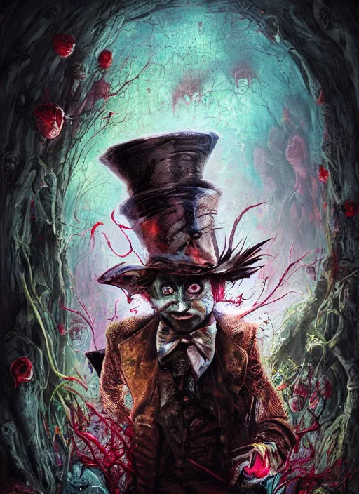 Image similar to mad hatter, call of cthulhu, highly detailed, cinematic, 8 k, by megan duncanson, benjamin lacombe, adrian borda, stanley artgermm, tom bagshaw, craig mullins, carne griffiths, ayami kojima, beksinski, giger, trending on deviantart, hyper detailed, horror, full of colour