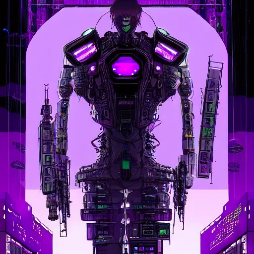 Image similar to Giant Purple Amethyst in cyberpunk neon Tokyo in style of Tsutomu Nihei. Cyberpunk, vertical symmetry, 8K, Highly Detailed, Intricate.
