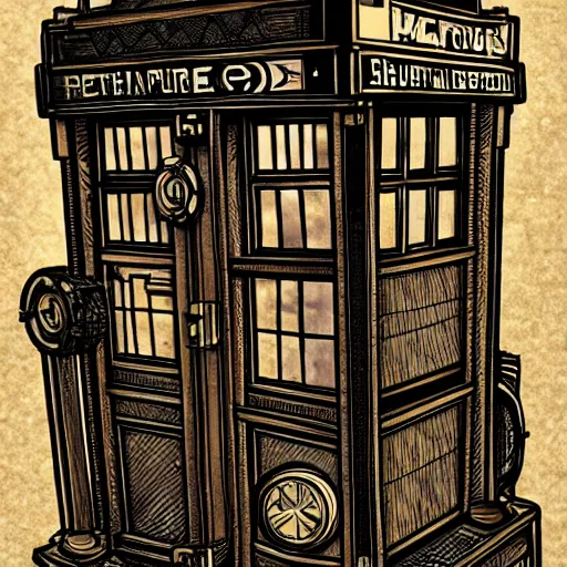 Image similar to an intricate steampunk tardis trending on artstation : : 3 an incredible ink illustration : : 4