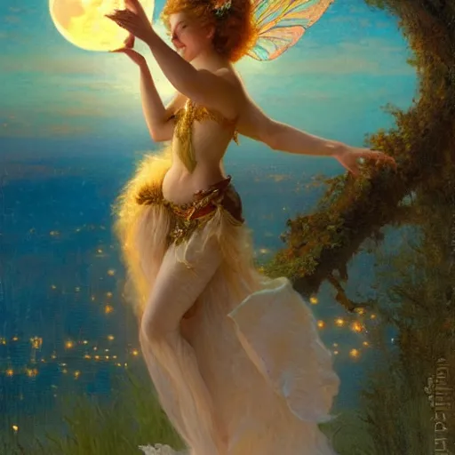 Image similar to attractive fairy magically floating high in the night, fantasy, full moon in background. highly detailed painting by gaston bussiere, craig mullins, j. c. leyendecker, mid shot, 8 k