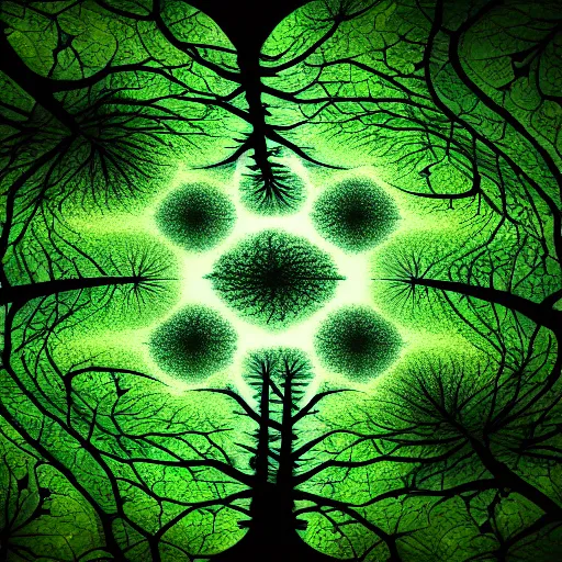 Image similar to looking up at trees from ground level, trees parted in shape of mandelbrot set, artstation