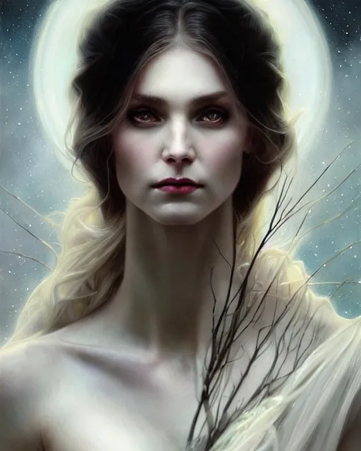 Image similar to realistic portrait of a beautiful white witch, dark night, beautiful, heroic pose, beautiful face, magic, dark magic, dramatic lighting, intricate, wild, highly detailed, digital painting, artstation, concept art, smooth, sharp focus, illustration, art by artgerm and greg rutkowski and alphonse mucha, footage from space camera