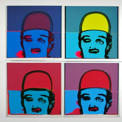 Image similar to frits lang robot, 6 panels by andy warhol, with highly contrasted colors and an illuminating background