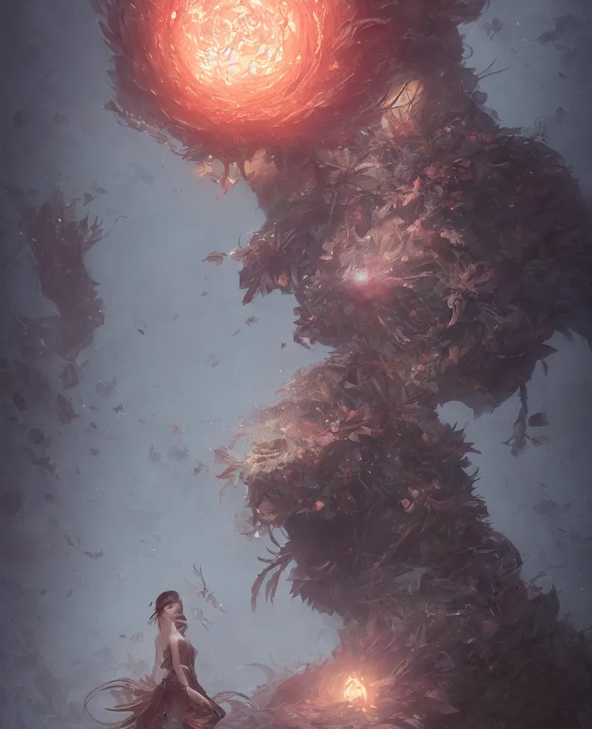 Image similar to a fancy portrait of a giant floating flower by Greg Rutkowski, Sung Choi, Mitchell Mohrhauser, Maciej Kuciara, Johnson Ting, Maxim Verehin, Peter Konig, Bloodborne , 8k photorealistic, cinematic lighting, HD, high details, atmospheric , trending on artstation