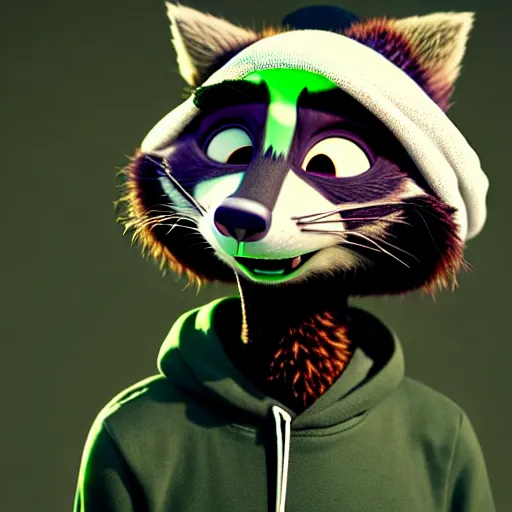 Prompt: a relaxed stoner with a black hoodie on with a marijuana themed dark green raccoon head from zootopia, wearing beanie, smoking, 3 d, blender 3 d, render, extremely detailed, 8 k, detailed fur