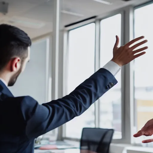 Prompt: photo of a young man waving goodbye to his coworker in office