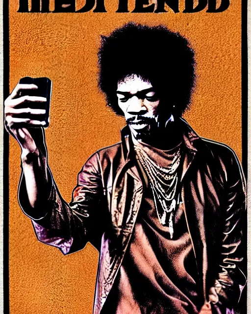 Prompt: grunge rock jimi hendrix taking a selfie with his iphone, instagram, tiktok, postmodern surrealist concert poster, grainy poster art, hand drawn matte painting by lynd ward and gary houston, smooth, sharp focus, extremely detailed, 2 4 mm.