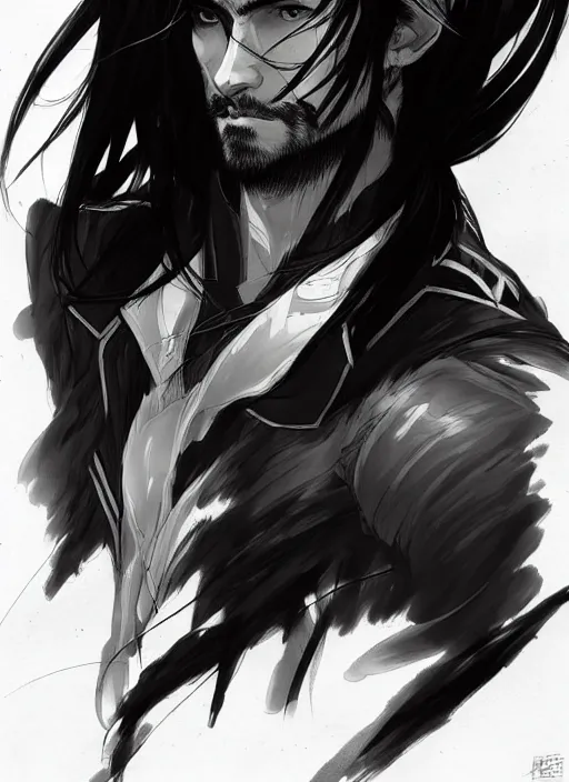 Image similar to Half body portrait of a handsome elven warrior with long black hair and facial hair wearing a black jacket. In style of Yoji Shinkawa and Hyung-tae Kim, trending on ArtStation, dark fantasy, great composition, concept art, highly detailed.