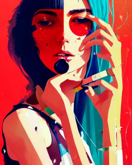 Image similar to a ultradetailed beautiful painting of a stylish woman with colorful band - aids, concert poster, retro, by conrad roset, greg rutkowski and makoto shinkai