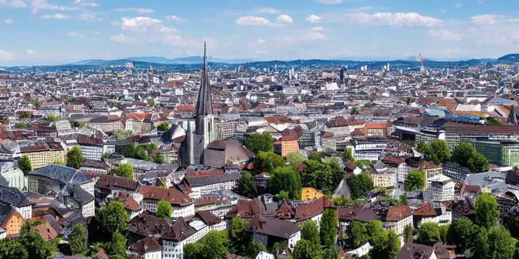 Prompt: the city of Basel in Switzerland but with many high rise buildings and drones in the air