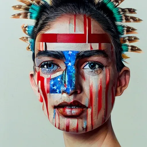 Image similar to a beautiful portrait sculpture designed by Sandra Chevrier, american indian headdress, American stars and stripes on face, by Annie Leibovitz