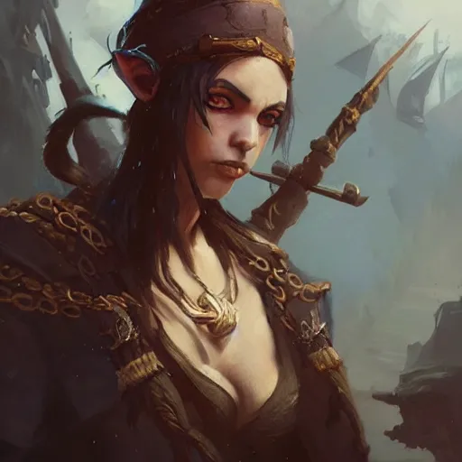 Image similar to a beautiful painting of an epic fantasy style female pirate elf, ship backdrop, oil painting, Tooth Wu, Greg Rutkowski, RPG portrait, dynamic lighting, fantasy art, High contrast, depth of field