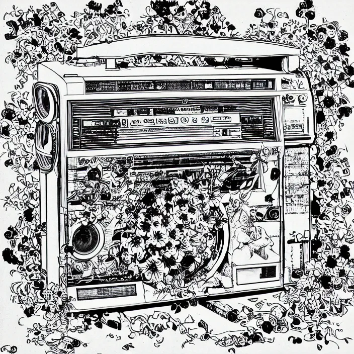 Image similar to line art of an 80's boombox with flowers growing out of the side speakers by Virgil Finlay