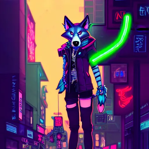 Image similar to beautiful furry digital art portrait commission of an androgynous furry anthro wolf fursona wearing punk clothes in the streets of a cyberpunk city. neon signs. character design by charlie bowater, ross tran, artgerm, and makoto shinkai, detailed, inked