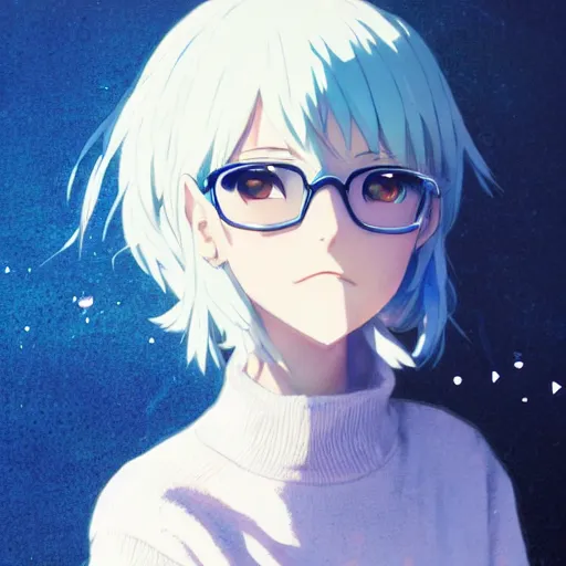 Prompt: anime cute girl in blue sweater white white hair black glasses blushing cute kind standing psychedelic background by greg rutkowski makoto shinkai kyoto animation key art feminine mid shot wlop madhouse, ufotable, comixwave films, trending on artstation