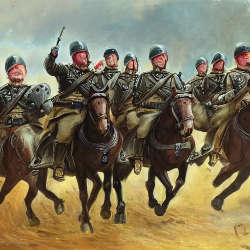 Image similar to found footage of general boris johnson leading his men into battle, glorified image, 8k, oil painting , silly mustache