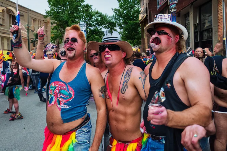 Image similar to pride party of rednecks, street photography, photojournalism