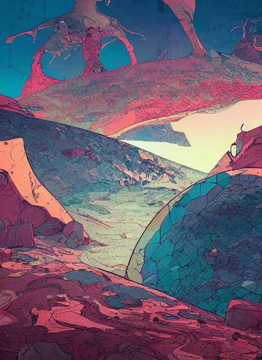 Image similar to abstract art with a theme on mineral rocks, empty world environment. no people nor cars. sharp focus, cinematic pose, cinematic lighting, unreal engine render. art by josan gonzales and moebius and deathburger.