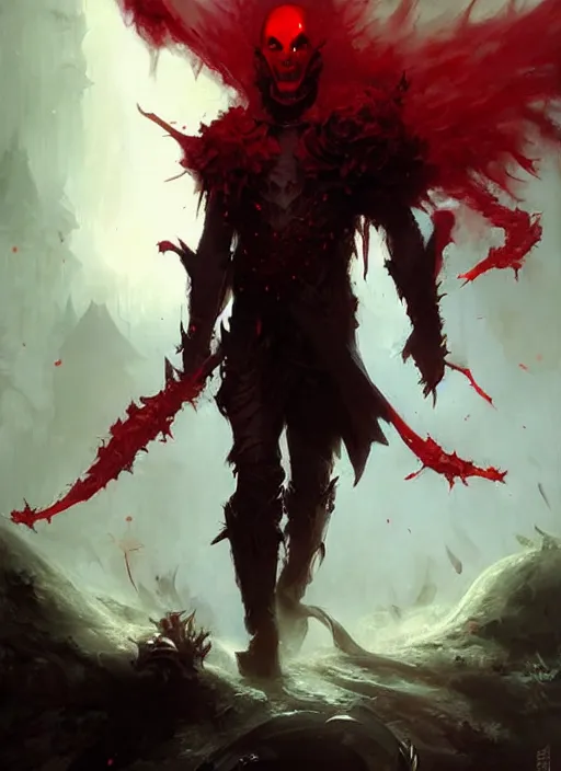 Image similar to male necromancer in a dark fantasy setting wearing a red mask, art by greg rutkowski, art by craig mullins, art by thomas kincade, art by Yoshitaka Amano