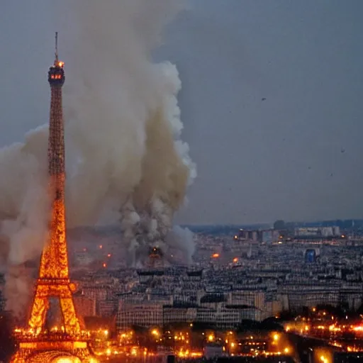 Image similar to the eiffel tower on fire and exploding, still