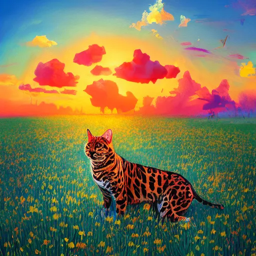 Image similar to a savannah bengal hybrid cat, surreal photography, flower field, beautiful sunset on a summer day light, impressionist painting, colorful clouds, blue sky, digital painting, artstation, simon stalenhag