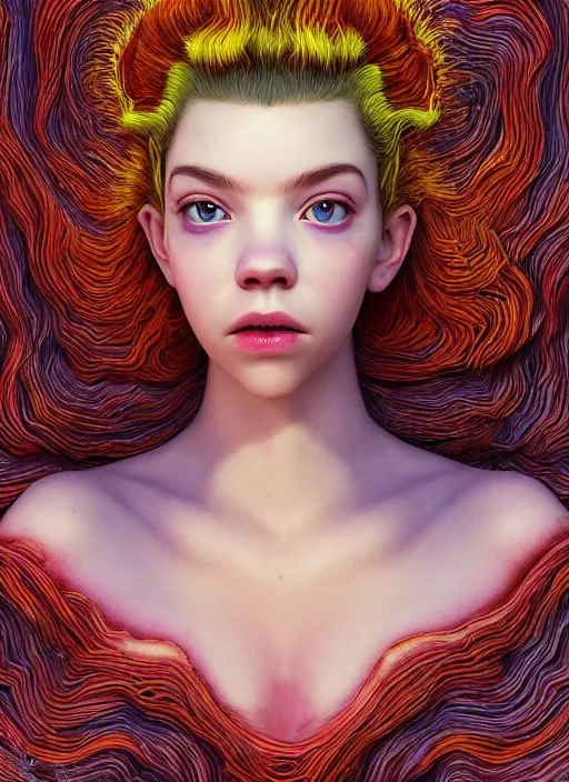 Prompt: hyper detailed 3d render like a Oil painting - very coherent Concrete displacement mapped profile subsurface scattering (a beautiful fae princess protective playful expressive from dark crystal that looks like Anya Taylor-Joy) seen red carpet photoshoot in UVIVF posing in caustic pattern pool to Eat of the Strangling network of yellowcake aerochrome and milky Fruit and His delicate Hands hold of gossamer polyp blossoms bring iridescent fungal flowers whose spores black the foolish stars by Jacek Yerka, Ilya Kuvshinov, Mariusz Lewandowski, Houdini algorithmic generative render, golen ratio, Abstract brush strokes, Masterpiece, Victor Nizovtsev and James Gilleard, Zdzislaw Beksinski, Tom Whalen, Mark Ryden, Wolfgang Lettl, hints of Yayoi Kasuma and Dr. Seuss, Grant Wood, octane render, 8k