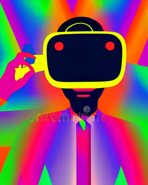 Prompt: virtual reality, retro man wearing virtual reality headset. abstract glitch texture style, wallpaper background. vector illustration by peter max