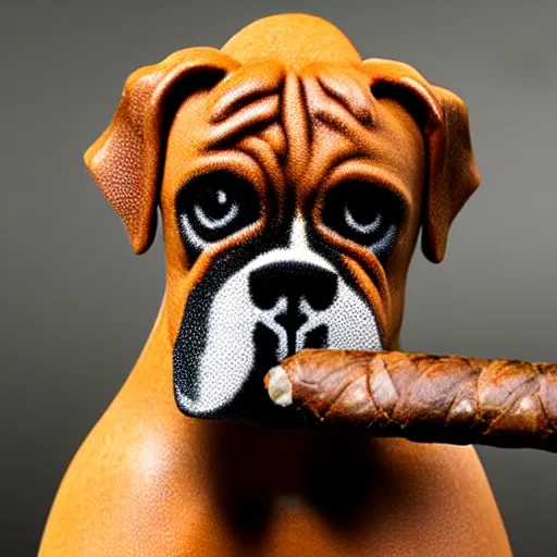 Image similar to boxer dog smoking a cigar, award winning, highly detailed,