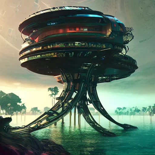 Prompt: cyberpunk futuristic treehouse on another planet floating on an island in the water, fine art, digital painting, cinematic lighting, hyperdetailed, photorealistic, 8k, high resolution, vibrant colors, insanely detailed and intricate, ray tracing, award winning, featured in artstation, octane render