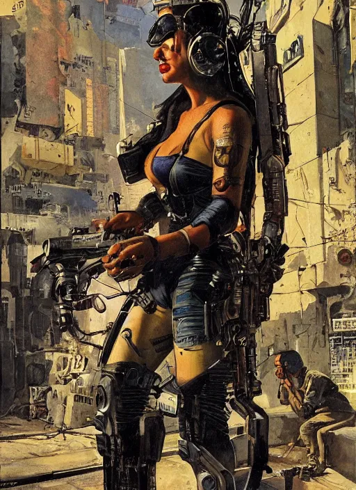 Prompt: cyberpunk mercenary. portrait by anton otto fischer and john philip falter and will eisner and gil elvgren