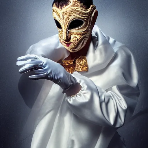 Prompt: portrait of a male dancer with a beautiful porcelain face dressed in a venecian mask, gloves on the hands, rain, cinematic light and reflections, beautiful dreamy lighting, photographed by annie leibovitz, zbrush,