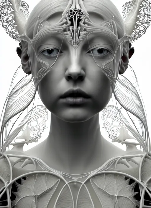 Image similar to dreamy soft luminous bw 3 d octane render, beautiful spiritual angelic biomechanical albino girl cyborg with a porcelain profile face, very long neck, rim light, big leaves and stems, roots, fine foliage lace, alexander mcqueen, art nouveau fashion embroidered collar, steampunk, silver filigree details, hexagonal mesh wire, mandelbrot fractal, elegant