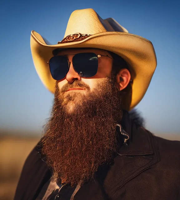 Prompt: a 4 k photorealistic photo medium shot of a man with a beard wearing sunglasses and a cowboy hat.