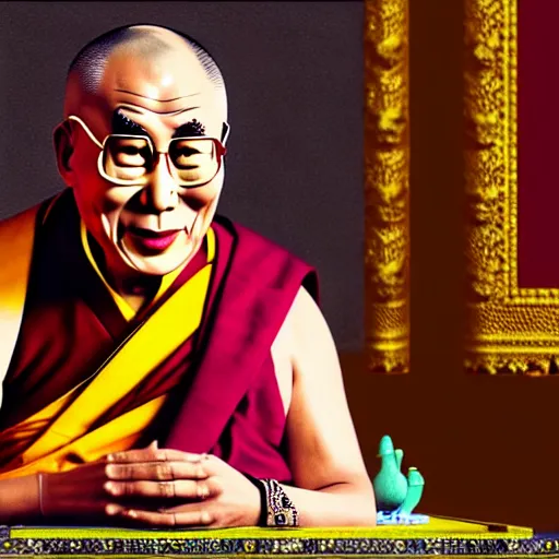 Prompt: selfie of the dalai lama sitting on a jewel - studded toilet, front angle, stunning 3 d render claymation art inspired by william child, illustration by norman rockwell and leyendecker, realistic, highly detailed attributes and atmosphere, dim volumetric cinematic lighting, 8 k octane detailed render, post - processing, masterpiece, vignette, soft focus, vibrant colors