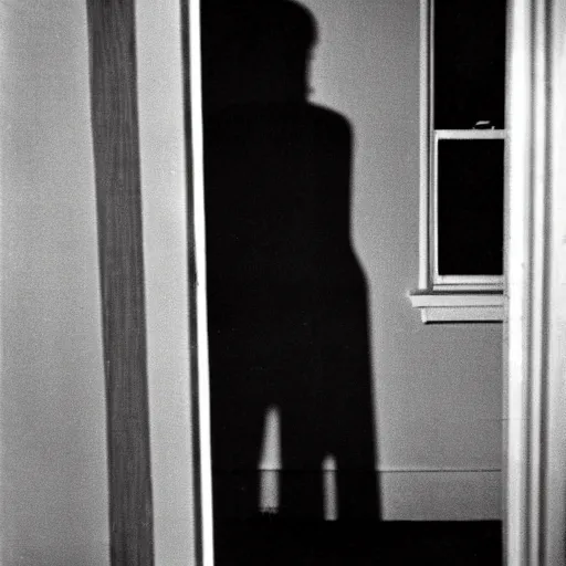 Image similar to a shadow figure standing over the body of a man in a motel room shot on a disposable camera 1 9 7 8 for'real ghost stories magazine ;