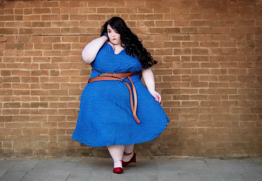 Prompt: An obese woman with long wavy brunette hair wearing a blue dress with a red belt, cinematic, photo, 8k