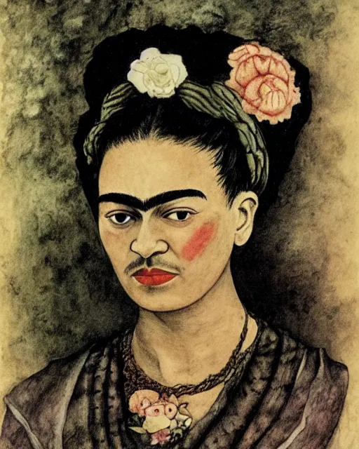 Image similar to highly detailed matte painting of frida kahlo as a little girl by arthur rackham