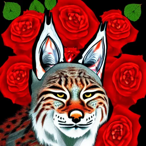 Prompt: lynx wearing Caesar's crown made out of roses, Caesar's crown, an expressive digital painting, high quality art,