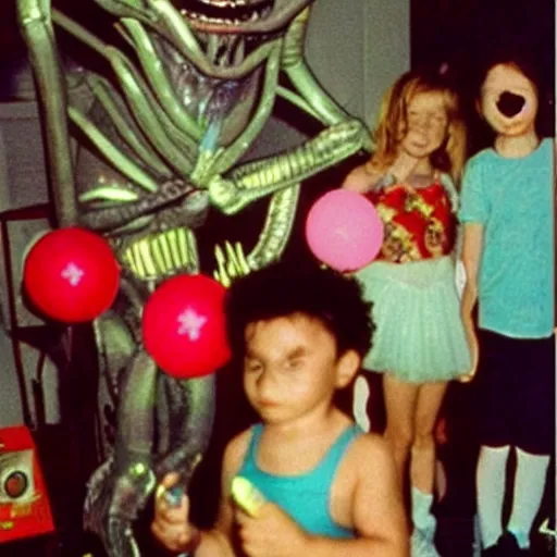 Image similar to Alien from the Alien movies wearing a tutu at his birthday party, nostalgic 90's photo