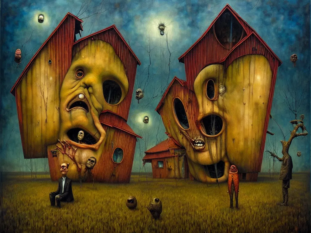 Image similar to an epic acrylic painting with a house shaped like an uncanny face, by esao andrews, surreal, dark, creepy, horror, soft textures, oil on canvas