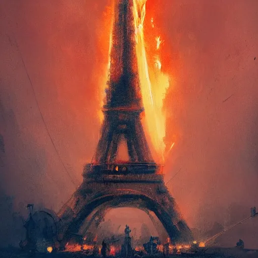 Prompt: the eiffel tower on fire, flames, burning, art by greg rutkowski, trending on artstation