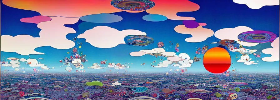 Image similar to kyoto with a beautiful cloudy sky above by takashi murakami, beeple and james jean, aya takano color style, 4 k, super detailed, modern, 4 k, symmetrical