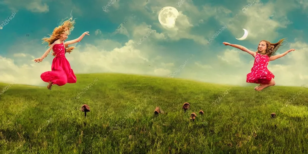 Image similar to pretty girl, wide open field, jumping, flying hair, mushrooms, vegetation, trees, moonlight, old farm